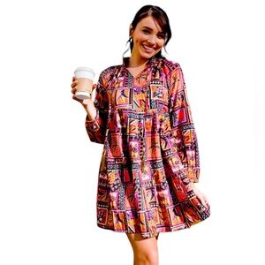 Briton Court NWT Ollie Multicolor Stamp Patchwork Print Mini Babydoll Dress Sz M